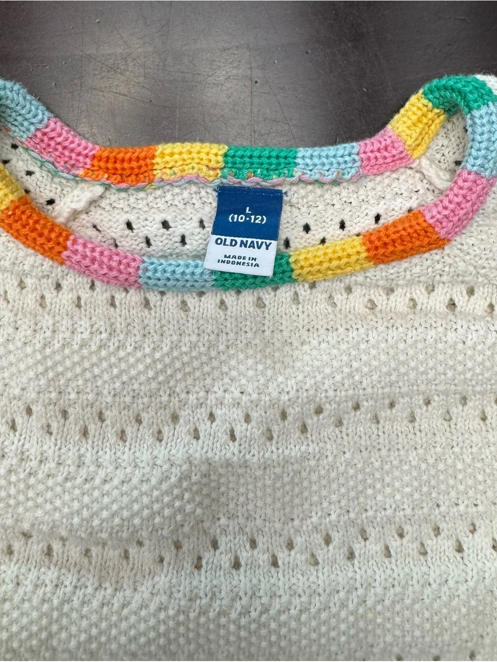 Old Navy Cream Crewneck Sweater with Multicolor Bead Trim